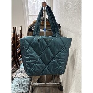 Victoria Secret Women's Tote Bag Large Green Metallic Quilted Puffer NEW